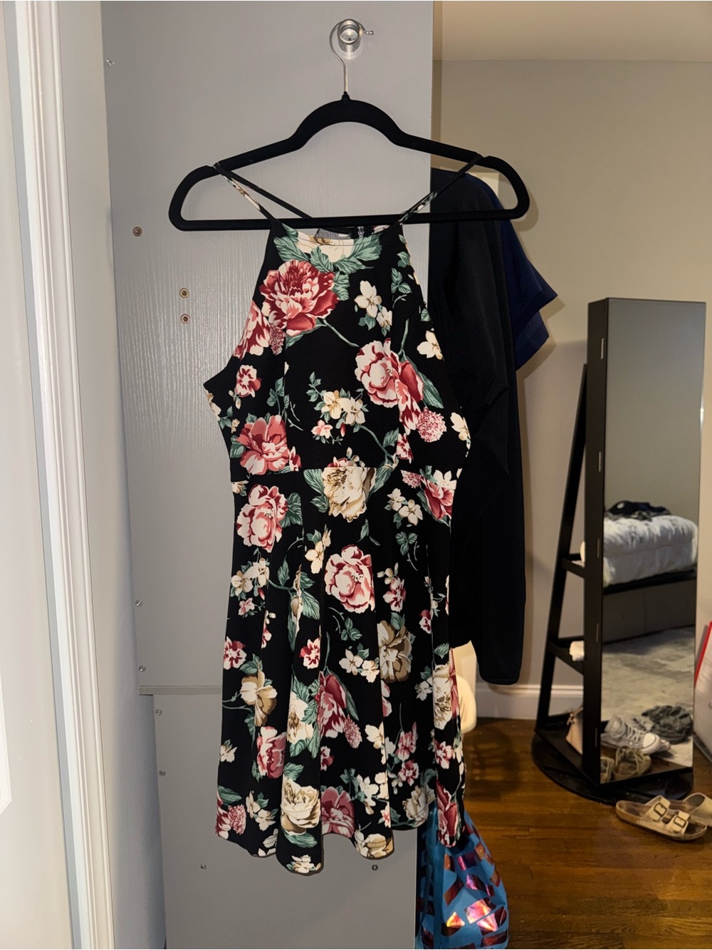 SHEIN Black Floral Halter Mini Dress with Pink & Cream Blooms